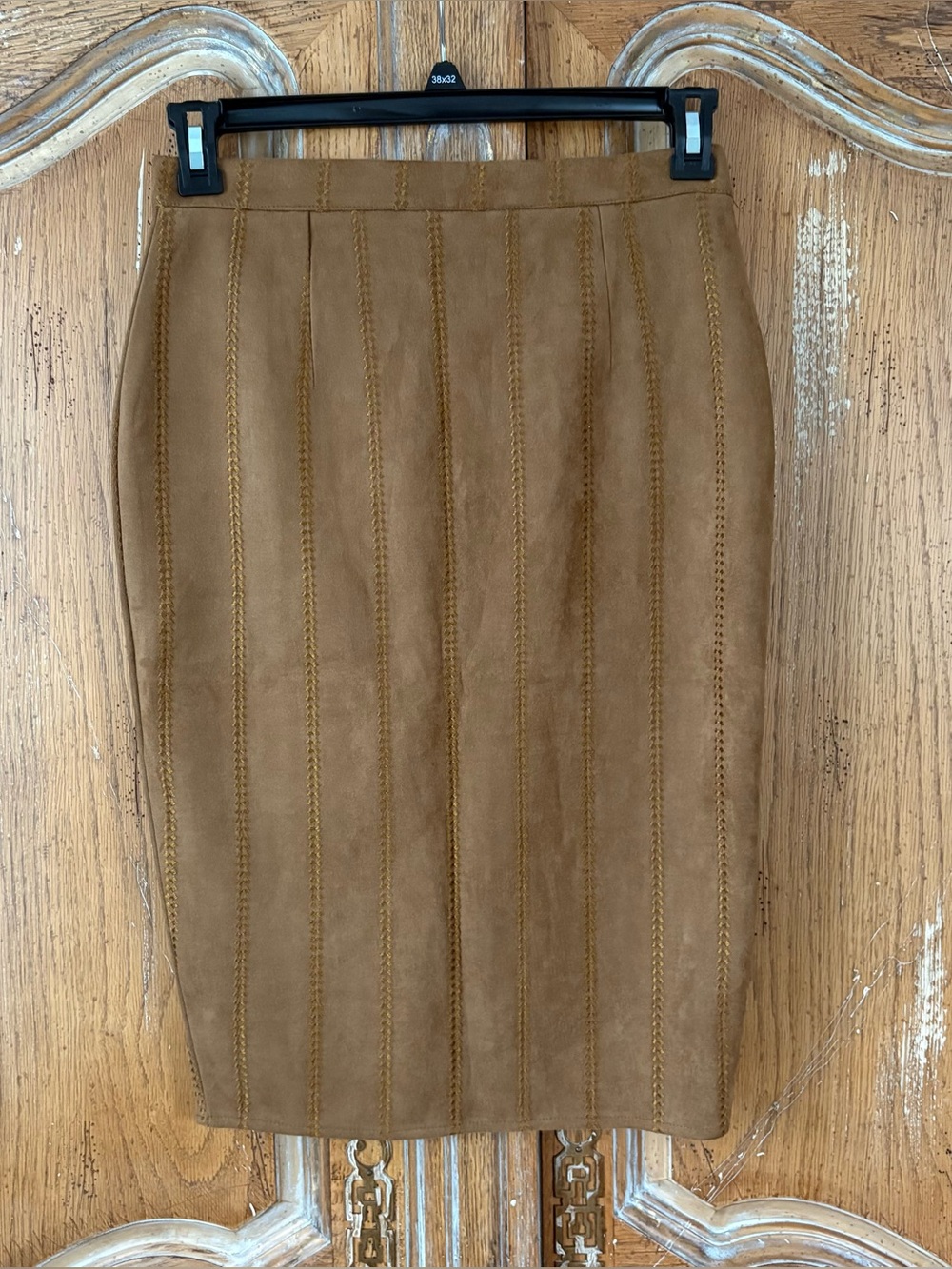 Missguided Tan Faux Suede Braided Panel Pencil Skirt US 6 Exposed Zip